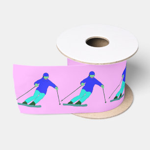 Skiers Downhill Skiing Pastel Pink Satin Ribbon