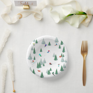 Skiers Downhill Skiing Winter Races Illustration Paper Plate