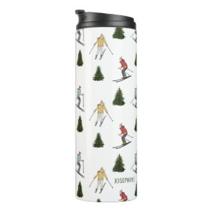Skiers In Watercolor With Name Christmas Pattern Thermal Tumbler