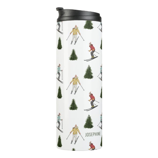 Skiers In Watercolor With Name Christmas Pattern Thermal Tumbler (Rotated Right)