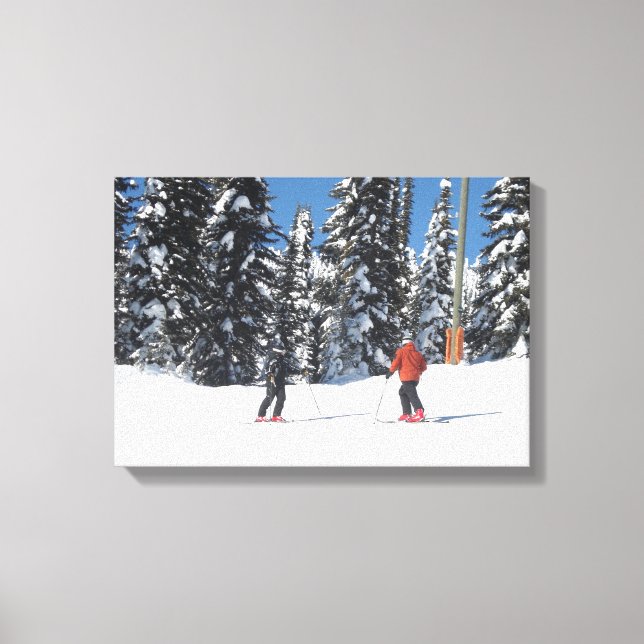 Skiers on a Mountain with Snow Covered Trees Canvas Print (Front)