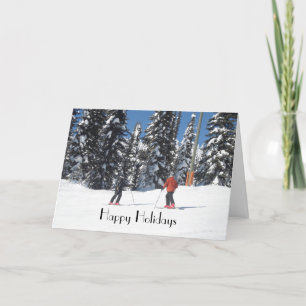 Skiers on a Mountain with Snow Covered Trees Holiday Card