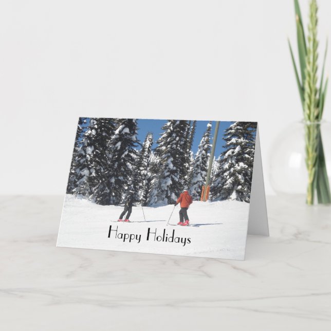 Skiers on a Mountain with Snow Covered Trees Holiday Card (Front)
