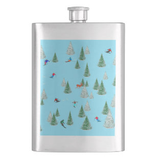 Skiers Skiing Down Snow Covered Slopes Ski Party  Hip Flask
