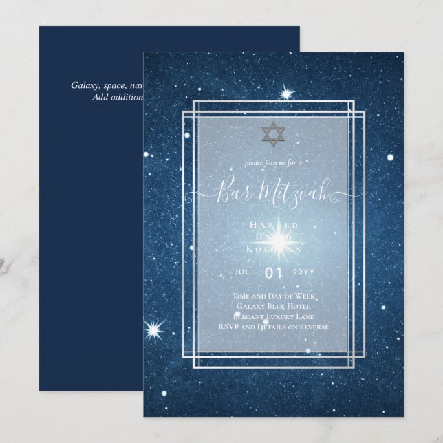 Skies Above BAR MITZVAH Galaxy Blue Gold Elegant Invitation (Front/Back)