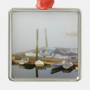 Skiffs and morning fog in Southwest Harbour, Metal Ornament