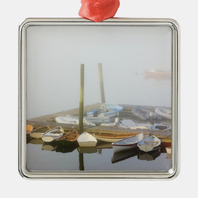 Skiffs and morning fog in Southwest Harbour, Metal Ornament (Front)