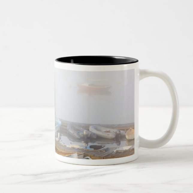 Skiffs and morning fog in Southwest Harbour, Two-Tone Coffee Mug (Right)
