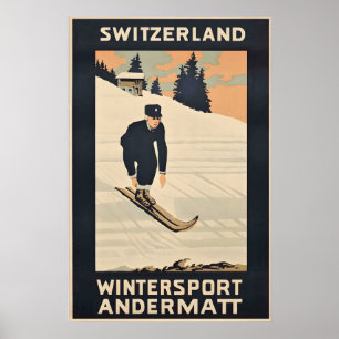 Skiing Alps Andermatt Switzerland Vintage Travel Poster