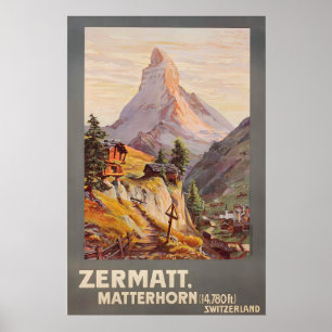 Skiing Alps Zermatt Switzerland Vintage Travel Poster