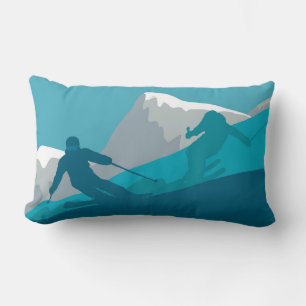 Skiing At Mountains - Skiers Abstract Illustration Lumbar Pillow