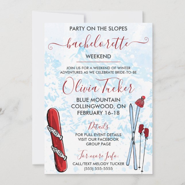 Skiing Bachelorette Party, Girls' Weekend,  Invitation (Front)