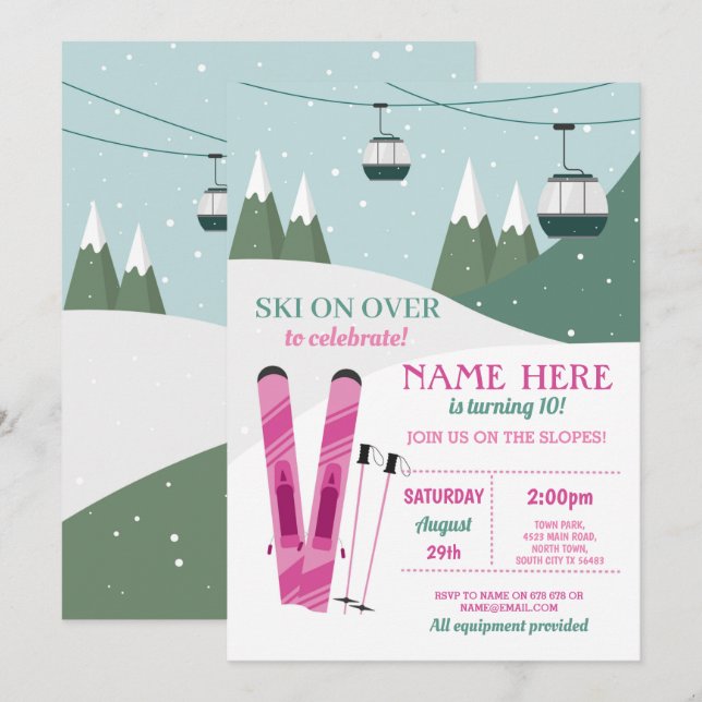 Skiing Birthday Girls Slopes Ski Snowboard Snow Invitation (Front/Back)