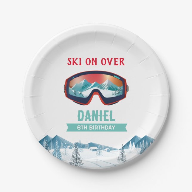 Skiing Birthday Party Slopes Ski Snowboard  Paper Plate (Front)