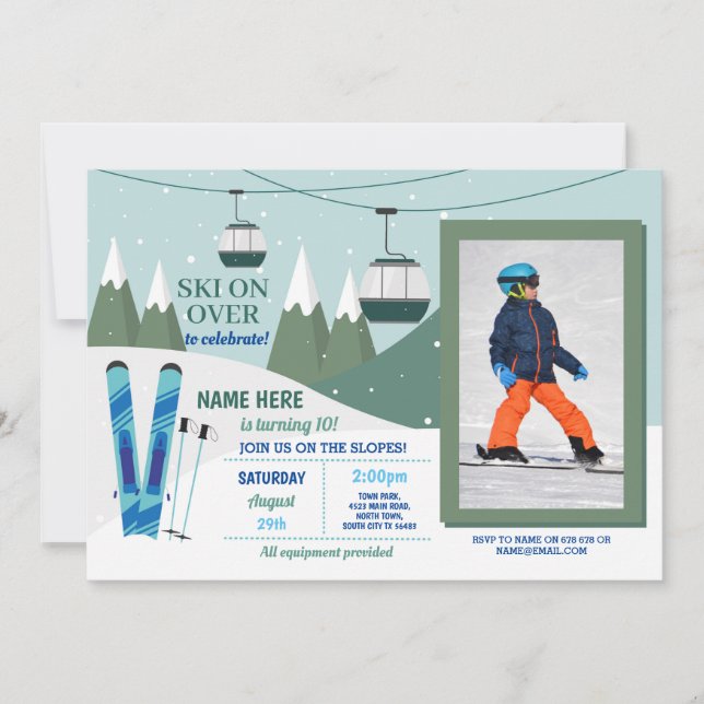 Skiing Birthday Party Slopes Ski Snowboard Photo Invitation (Front)