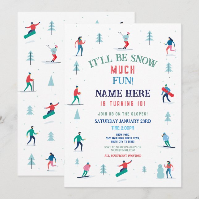 Skiing Birthday Party Slopes Ski Snowboard Snow Invitation (Front/Back)
