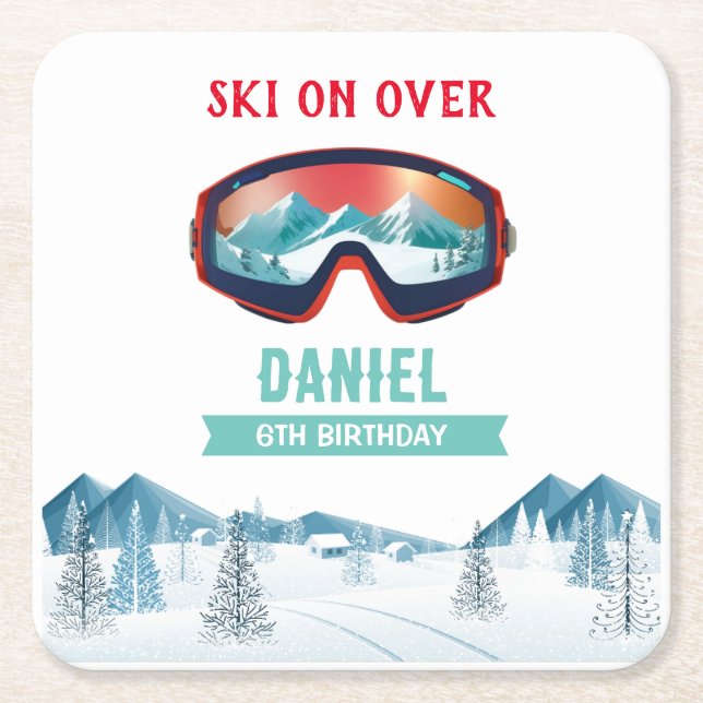 Skiing Birthday Party Slopes Ski Snowboard  Square Paper Coaster (Front)