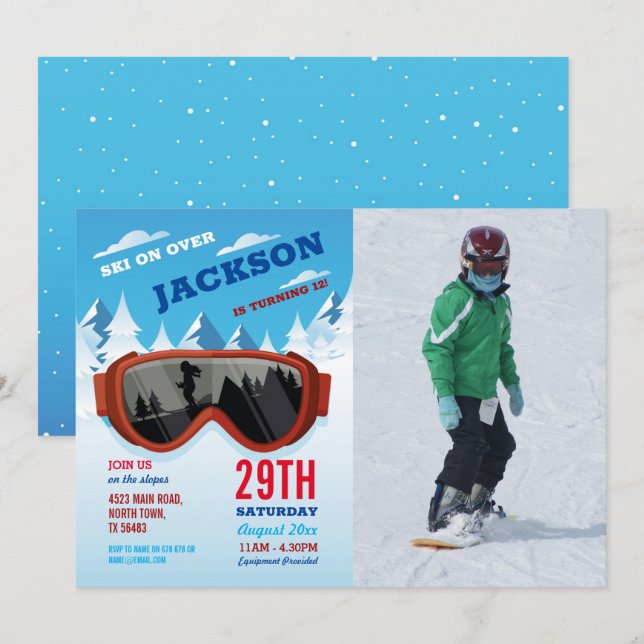 Skiing Birthday Ski Birthday Photo Slopes Invitation (Front/Back)