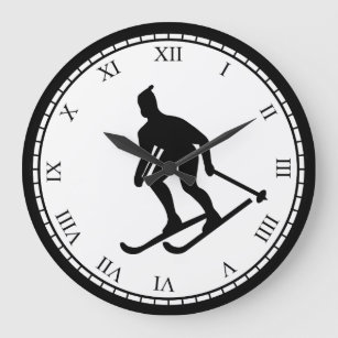 Skiing Black and White Sports Clock