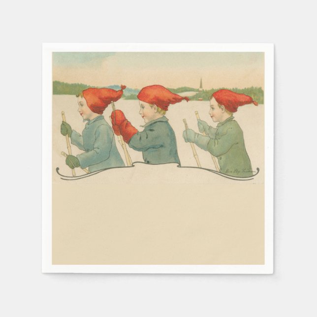 Skiing boys, Old Scandinavian, Christmas Napkin (Front)