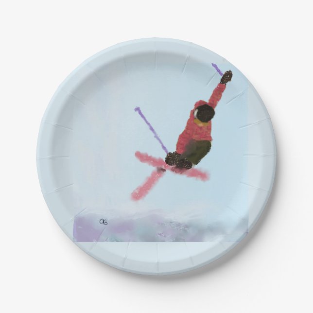 Skiing Downhill Art Paper Plate (Front)