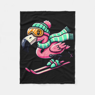Skiing Flamingo With Goggles Beanie And Scarf Fleece Blanket