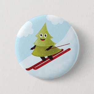 Skiing Happy Pine Tree Winter 2 Inch Round Button