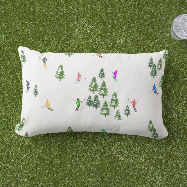 Skiing Illustration Skiers Ski Outdoor Lumbar Pillow (Grass)