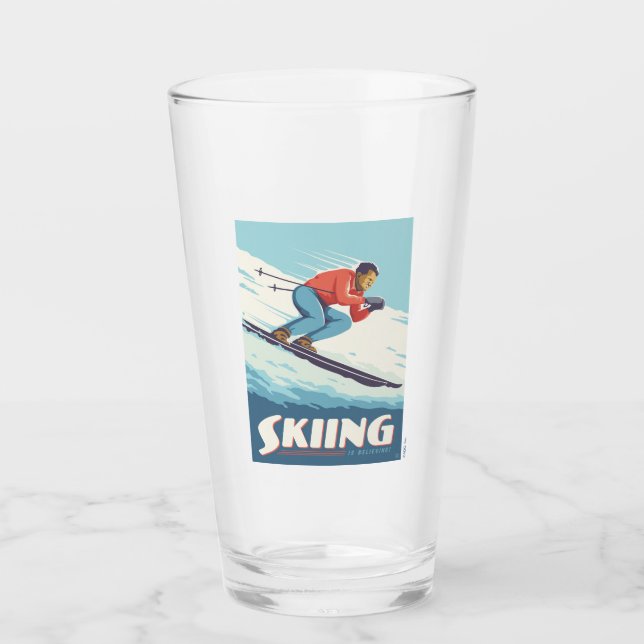 Skiing Is Believing Retro Print Glass (Front)