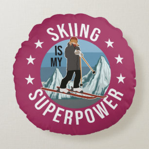 Skiing Is My Superpower Round Pillow