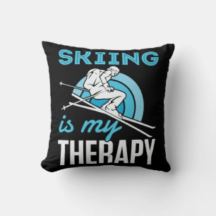 Skiing Is My Therapy Funny Skier Ski Throw Pillow