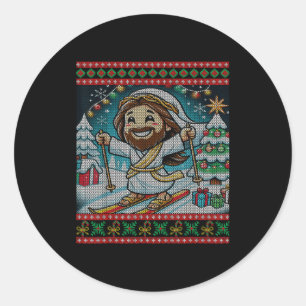 Skiing Jesus Happy Birthday Christian Faith Ugly C Classic Round Sticker
