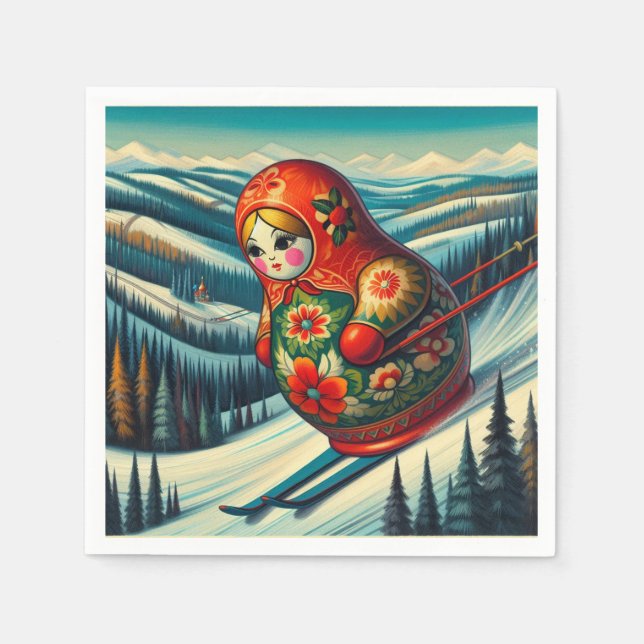 Skiing Matryoshka Doll Winter Snow Napkin (Front)