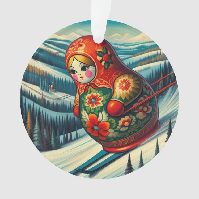Skiing Matryoshka Doll Winter Snow Ornament (Front)