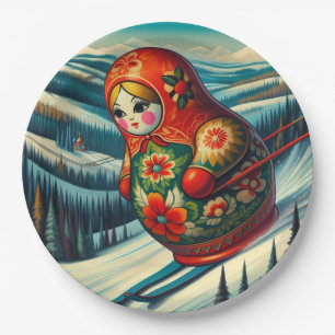 Skiing Matryoshka Doll Winter Snow Paper Plate