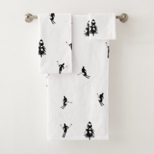 Skiing Modern Black & White Ski Skiers Theme Bath Towel Set