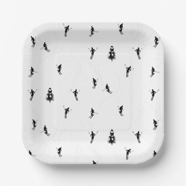 Skiing Modern Black & White Ski Skiers Theme  Paper Plate (Front)