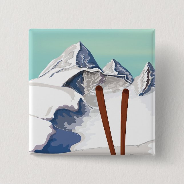 Skiing Mountains 2 Inch Square Button (Front)
