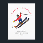 Skiing Non Photo Christmas Holiday Card<br><div class="desc">Fun Watercolor skiing winter sports Personalized Holiday postcard.</div>