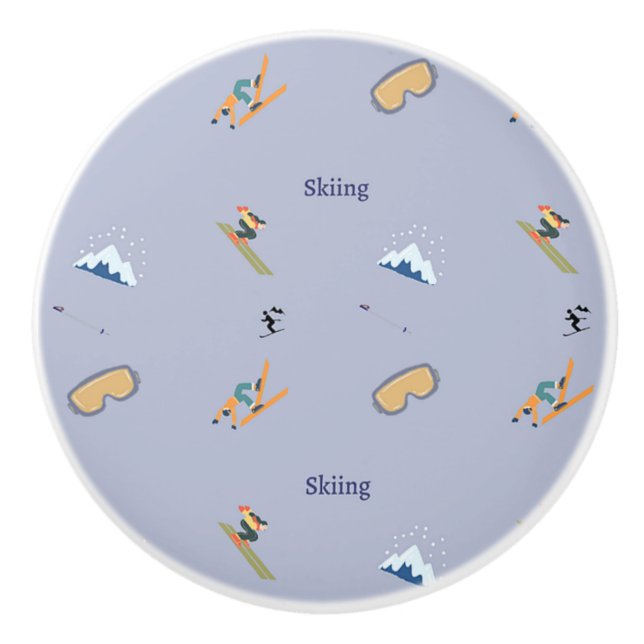 Skiing pattern on blue ceramic knob (Front)