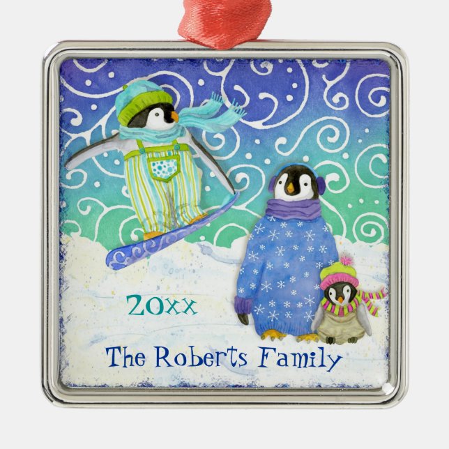 Skiing Penguin Family Christmas Ornament (Front)