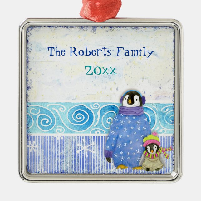 Skiing Penguin Family Christmas Ornament (Front)