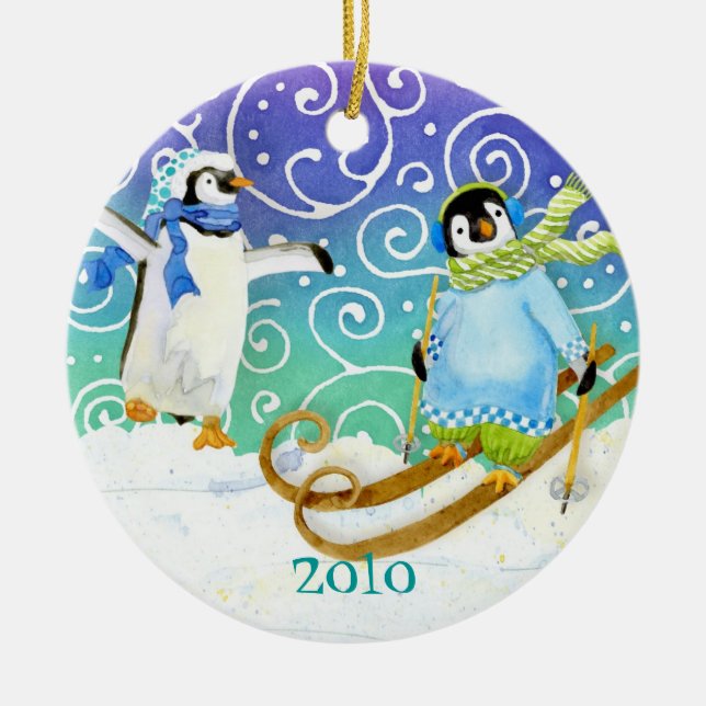 Skiing Penguin Family Custom Christmas Ornament (Front)