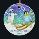 Skiing Penguin Family Custom Christmas Ornament<br><div class="desc">This whimsical Penguins at Play character is hand water coloured by Audrey Jeanne Roberts and can be personalized for the perfect babys first Christmas Ornament, especially for a winter baby or a skiing or snowboarding family! Perfect for a baby boy or baby girl and sure to be treasured for a...</div>