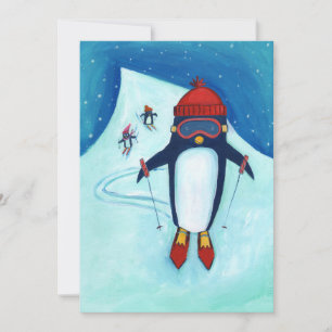 Skiing Penguin Family Holiday Greeting Card