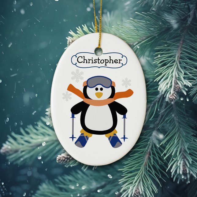 Skiing Penguin Personalized Ceramic Ornament (Creator Uploaded)