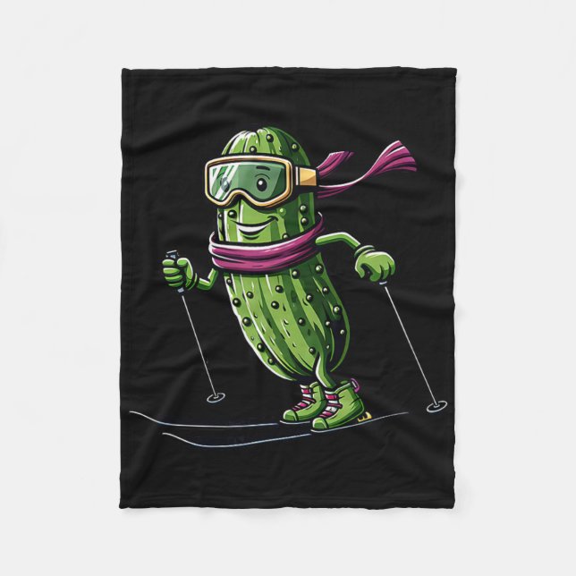 Skiing Pickle With Goggles Funny Winter Alpine  Fleece Blanket (Front)