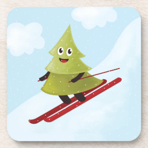 Skiing Pine Tree Cute Snow Sports Winter Coaster