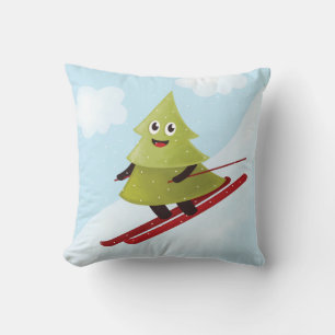 Skiing Pine Tree Cute Snow Sports Winter Throw Pillow