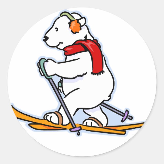 Skiing Polar Bear Classic Round Sticker (Front)